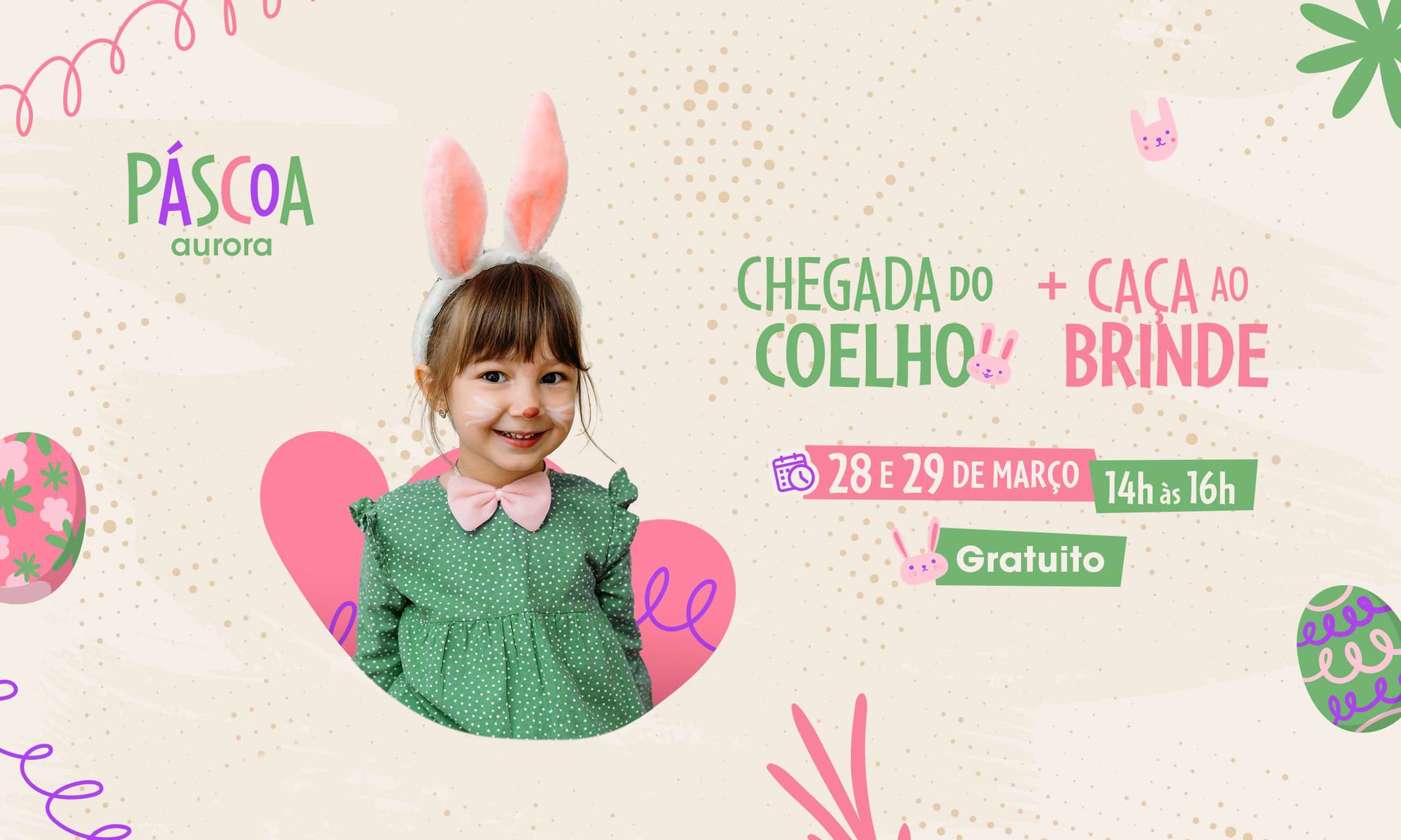 Banner do evento Páscoa no Aurora Shopping terá chegada do coelho e caça ao brinde