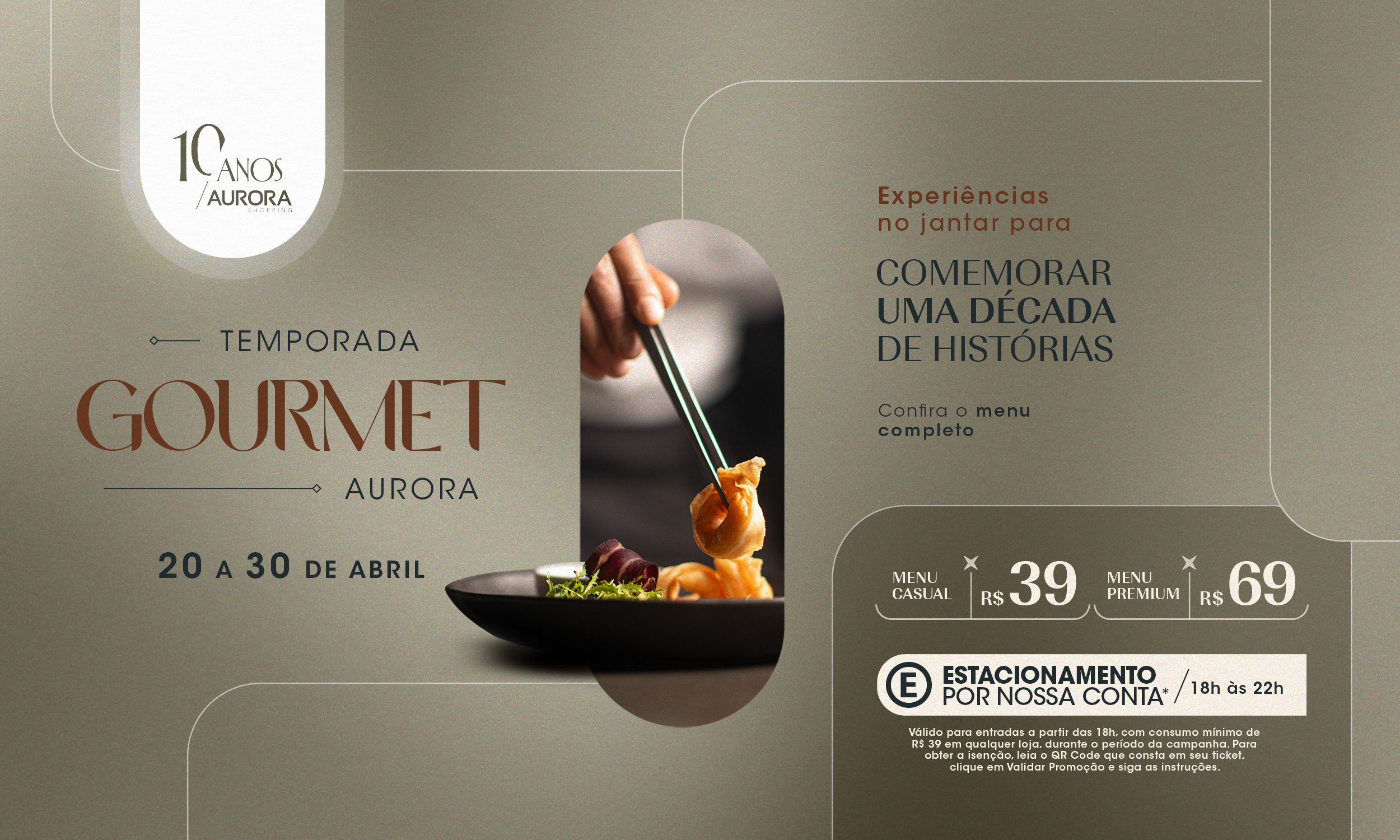 Banner do evento Aurora Shopping celebra 10 anos com festival gastronômico.