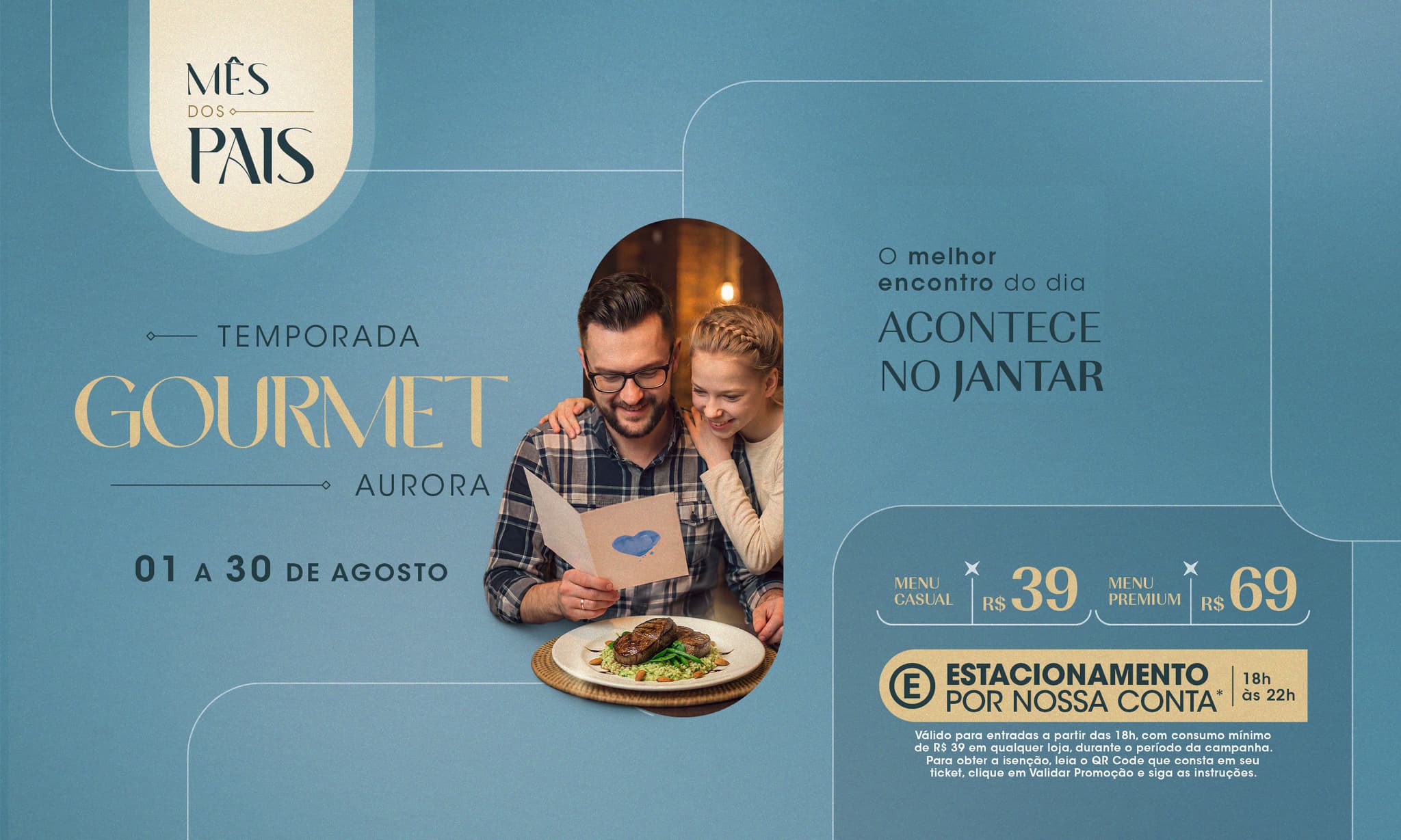 Banner do evento Temporada Gourmet: menus especiais celebram mês dos pais no Aurora Shopping